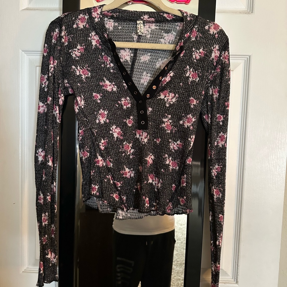 Free People Floral Long Sleeve Top - Black and Pink